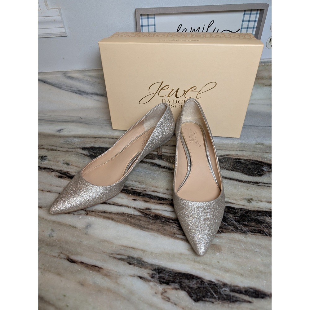 Jewel Badgley Mischka Silver Champagne Glitter Kitten Heel Pumps Womens Size 8